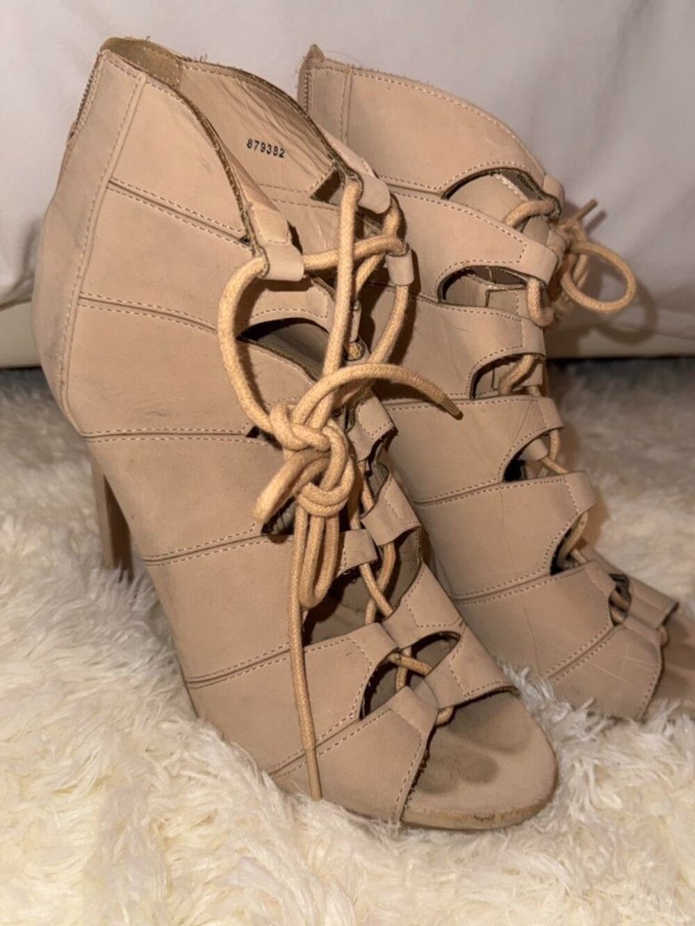 Cream lace up wedge heels
